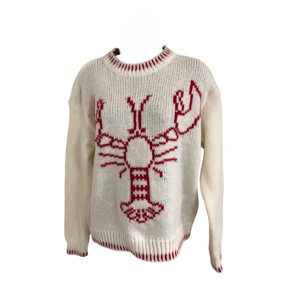 Cream red whipstitch trim lobster print chunky knit sweater size Small brand new